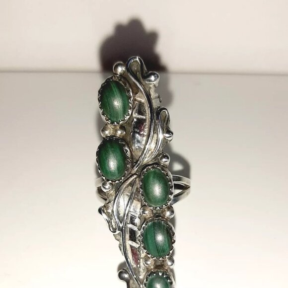 Navajo Sterling Silver Elongated Malachite Turquoise Feathers Ring 6.5 - Picture 2 of 5